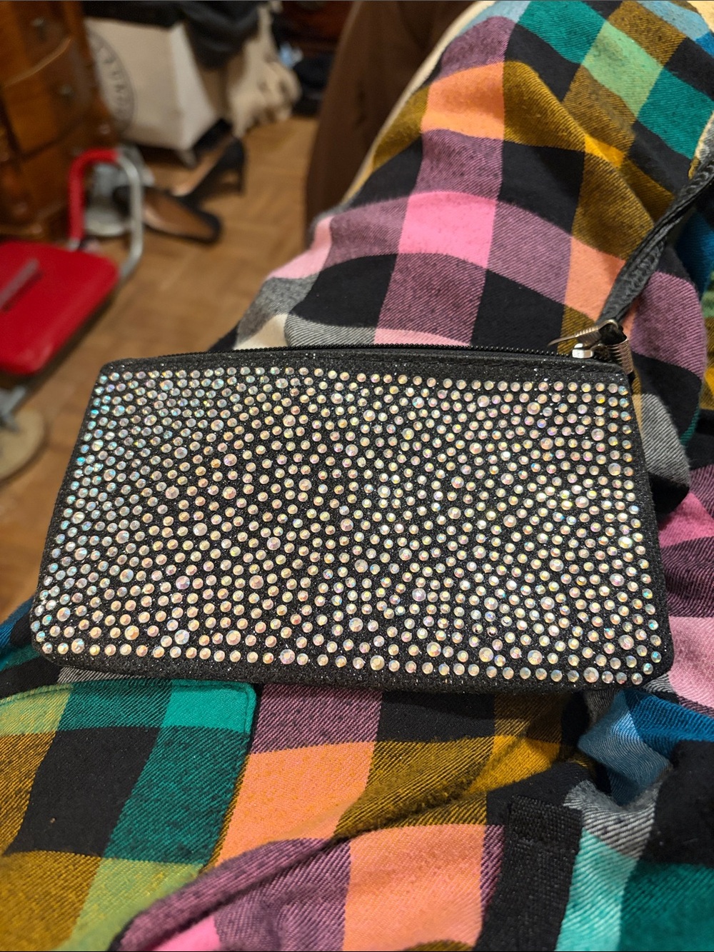 Black Crystal-Embellished Wristlet Pouch